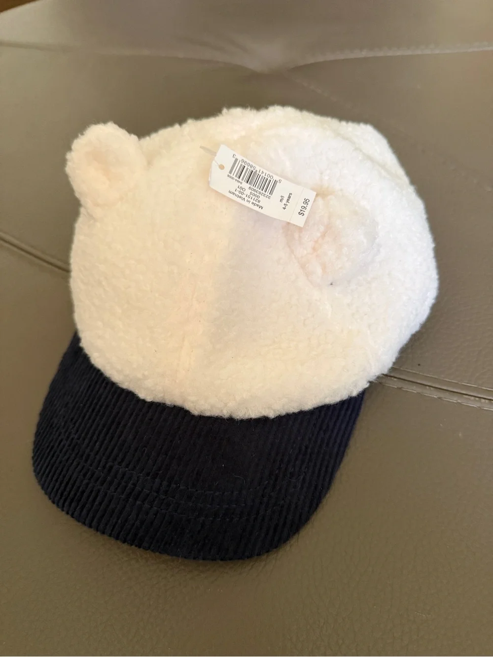 NWT toddler Sherpa Hat Navy corduroy brim bear ears. Adjustable Velcro